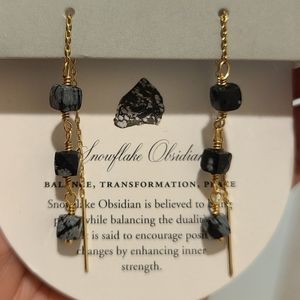 LUNA NORTE 14K GOLD PLATED ON BRASS CHANDELIER SNOWFLAKE OBSIDIAN GEMSTONE
